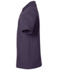 A side view of a purple polo shirt featuring a collar and short sleeves, with a logo or branding present.
