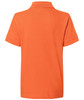 An orange polo shirt featuring a collar and short sleeves, displaying a logo on the back.