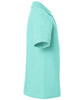 A mint green polo shirt shown from the side, featuring a collar and short sleeves. The shirt has a logo.