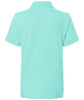 A mint green polo shirt with short sleeves, featuring a collar and a logo on the back.