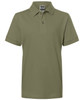 A green polo shirt with a collar and button placket, featuring rolled sleeves and a logo on the label.