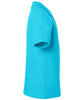 A turquoise polo shirt displayed from the side, featuring short sleeves and a collar. It has a logo on it.