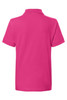 A pink polo shirt with a classic design, featuring a collar and short sleeves. It has a logo on the front.