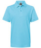 A light blue polo shirt with a collar and short sleeves, featuring a logo on the chest.