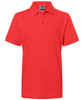 A red polo shirt with a classic collar and short sleeves. It has a brand logo on the chest area.