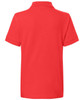 A red polo shirt with short sleeves and a collar, featuring a logo on the back.