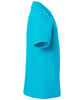A turquoise polo shirt displayed from the side, featuring short sleeves and a collar, with a logo present.