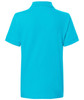 A turquoise polo shirt with a collar and short sleeves, featuring a branded logo.
