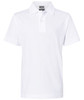 A white polo shirt with a classic collar and short sleeves, featuring a branding logo.