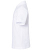 A white polo shirt with short sleeves, featuring a collar and a logo on the chest.