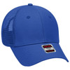 A blue 6 panel low profile trucker cap with a mesh back and a small logo on the front.