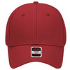 A red 6-panel low profile trucker cap with a mesh back and a logo on the front.