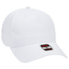 A white 5 panel low profile baseball cap featuring a logo and a curved brim.