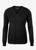 A black women's knitwear jumper with a V-neck and long sleeves, featuring a brand logo.