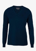 A navy blue v-neck jumper with long sleeves, featuring a branding label at the neckline.