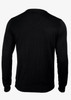 A black jumper sweater featuring a simple design with a rounded neckline and long sleeves, showcasing the back view.