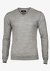 A grey V-neck jumper with long sleeves and a fitted design, featuring a logo on the label.