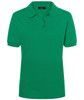 A green ladies' polo shirt with a classic design, featuring a collar and three buttons, and a logo on the chest.