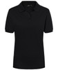 A black women's polo shirt with a collar and short sleeves, featuring a button placket and a logo.