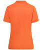 A ladies' polo shirt in bright orange, featuring a collar and short sleeves. It has a logo on the back.