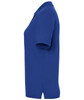 A side view of a blue women's polo shirt featuring short sleeves and a collar, with a logo.