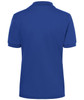 A blue classic polo shirt with a collar and short sleeves, featuring a logo on the back.