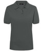 A grey ladies' polo shirt with short sleeves and a classic collar, featuring a logo on the chest.
