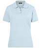 A light blue polo shirt for ladies, featuring a collar, short sleeves, and a logo on the chest.