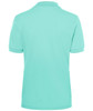 A mint green women's polo shirt with short sleeves, featuring a collar and a logo on the back.