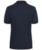 A navy blue ladies' polo shirt featuring a collar and short sleeves, with a branding logo.