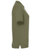 A short-sleeved, olive green polo shirt with a logo on the chest, featuring a classic fit and a collar.