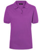 A purple polo shirt with a classic collar and short sleeves, featuring a logo on the chest.