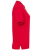 A red ladies' polo shirt displayed from the side, featuring a classic collar and short sleeves. It has a logo on it.