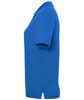 A side view of a women's polo shirt in bright blue, featuring short sleeves and a collar. The shirt has a logo.
