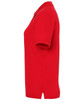 A red polo shirt with short sleeves and a collar, featuring a logo on the fabric.