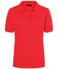 A red ladies' polo shirt featuring a three-button placket and short sleeves, with a logo on the chest.