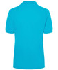 A blue polo shirt with a classic design featuring a collar and short sleeves, showing the back view.