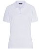 A white classic polo shirt with a collar and short sleeves. The shirt features a logo.