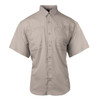 A short sleeve fishing shirt in a light beige colour, featuring multiple pockets and a logo on the chest.
