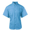 A short sleeve fishing shirt in light blue with two front pockets and a button-up design. It features a logo on the chest.
