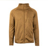 A full zip sweater knit jacket in a warm brown colour, featuring a zippered chest pocket and a high collar.