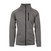 A grey full zip sweater knit jacket with a zippered pocket and a collar. It features a logo.