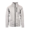 A full zip sweater knit jacket in grey, featuring a zip pocket and a stand collar. It has a logo on the sleeve.