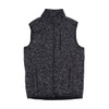 A sweater knit vest in grey and black with a high collar and zippered pockets. It features a logo.