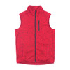 A red sweater knit vest featuring a high collar, zippered front, and side pockets. It has a branding logo.