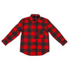 A red and black checkered long sleeve flannel shirt with a button-up front and a single chest pocket.