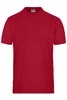 A red short-sleeved T-shirt with a round neckline and a logo. Suitable for workwear and casual wear.