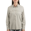 A light grey ladies button-up flannel shirt featuring two chest pockets and a collar. It has a subtle logo on it.