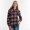 A button-up plaid flannel shirt in black, red, and white, featuring two front pockets and a branding logo.