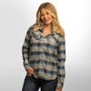 A long sleeve, yarn-dyed flannel shirt in shades of blue and grey, featuring a button-up front and pockets.